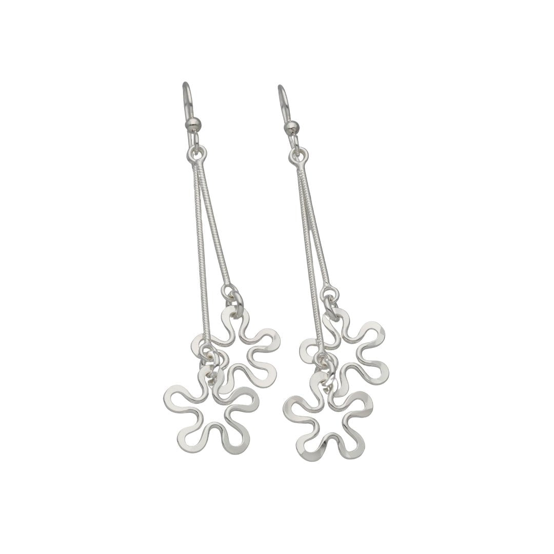 Pair of silver flower drop earrings with long chains and four petal blossoms.