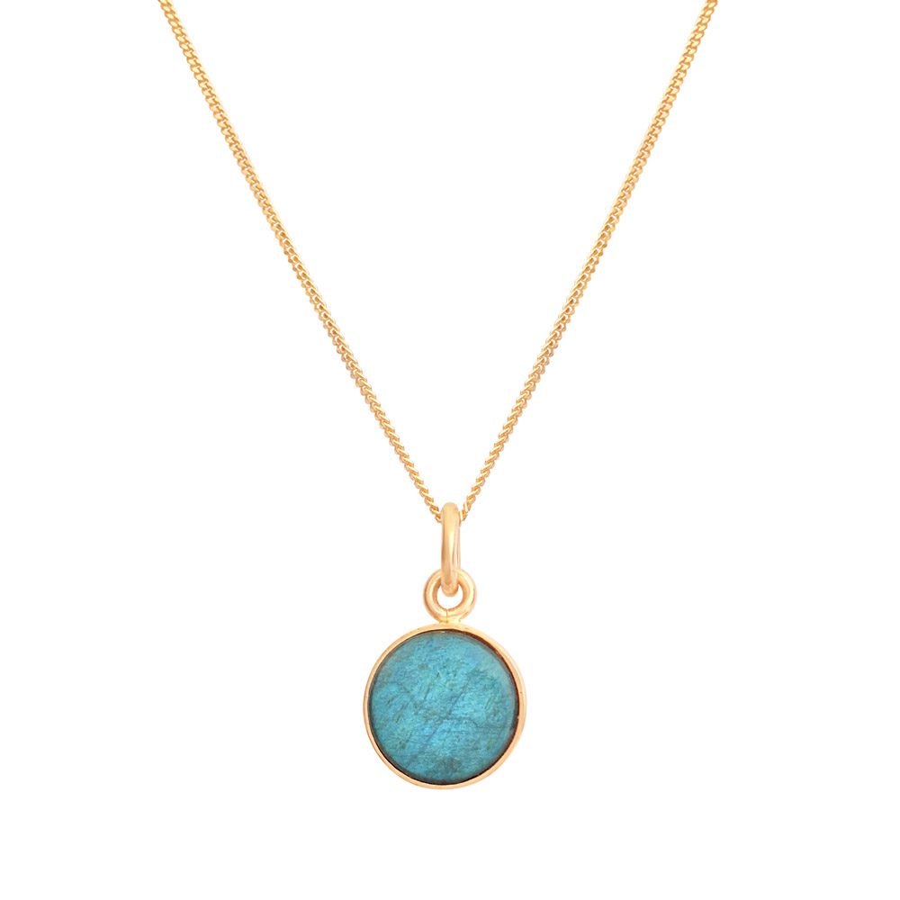 Round blue green spectrolite pendant in 18K gold on a slender chain