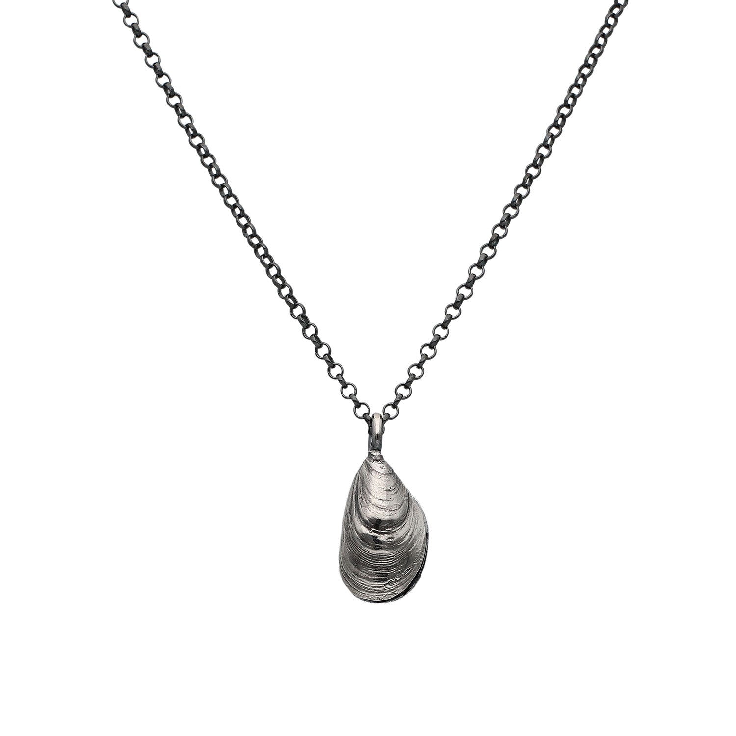 BLÅMUSSLA Robust berlock halsband med antikbehandlad snäcka i silver på mörk kedja