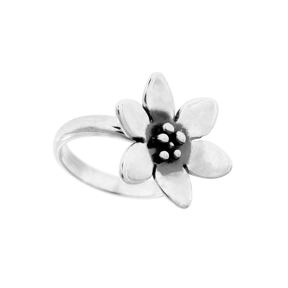 BLÅSIPPA ring features a silver flower with five petals and a beaded center.