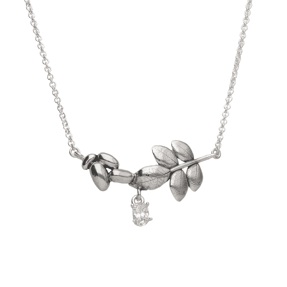 EVA necklace in 925 sterling silver with potato leaf design and cubic zirconia pendant