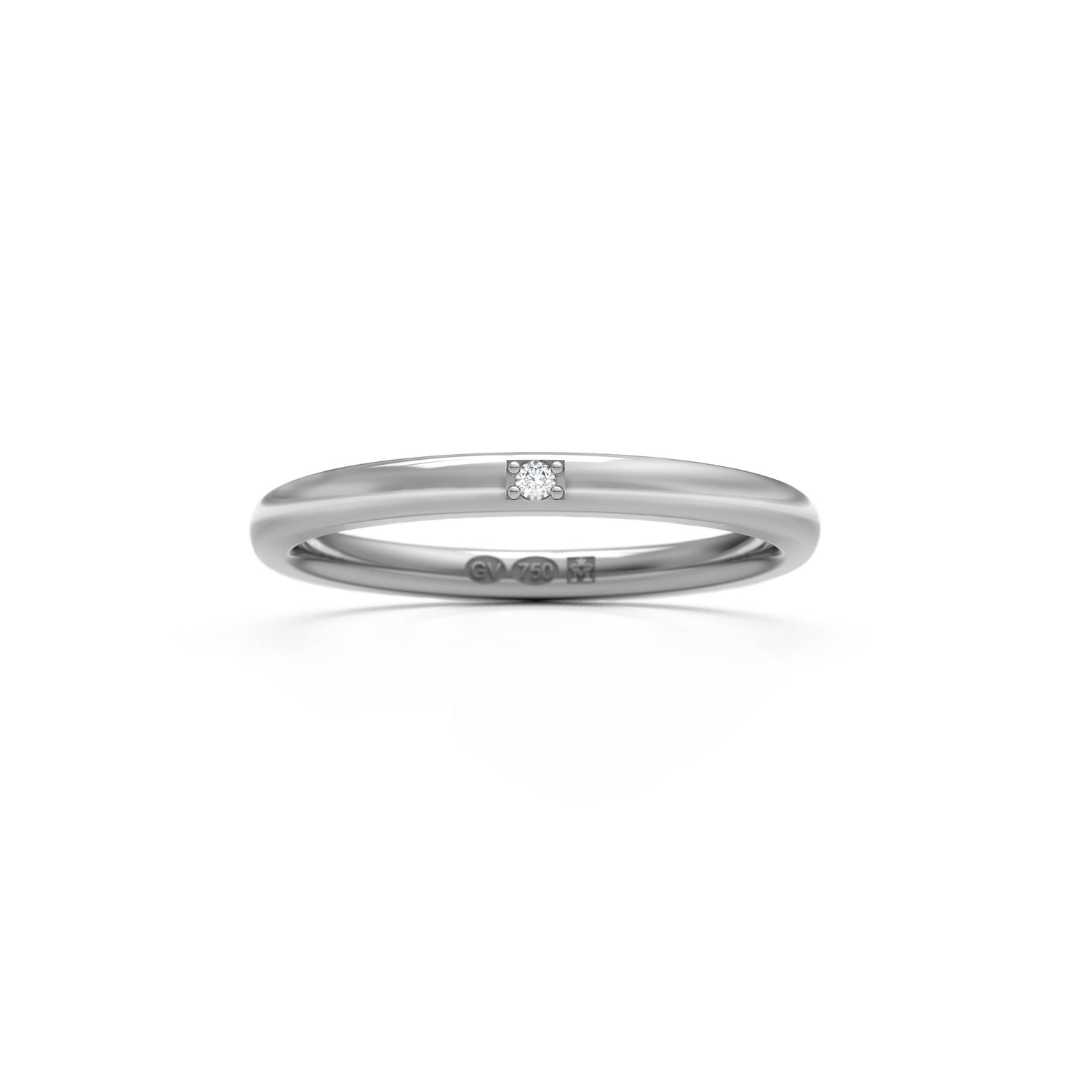 18K vitguld vigselring med en diamant i en fyrkantig infattning mitt på bandet