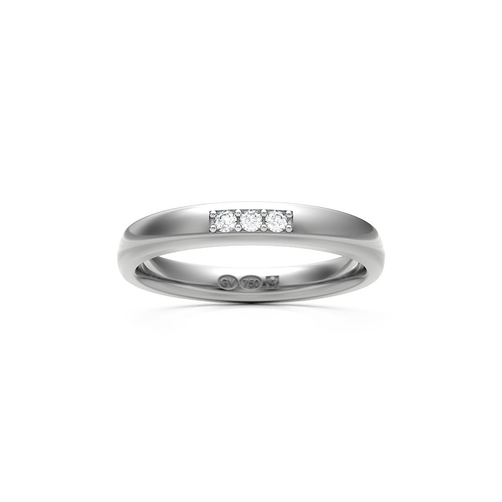 3 mm bred slät halvrund ring i 18K vitguld med tre diamanter