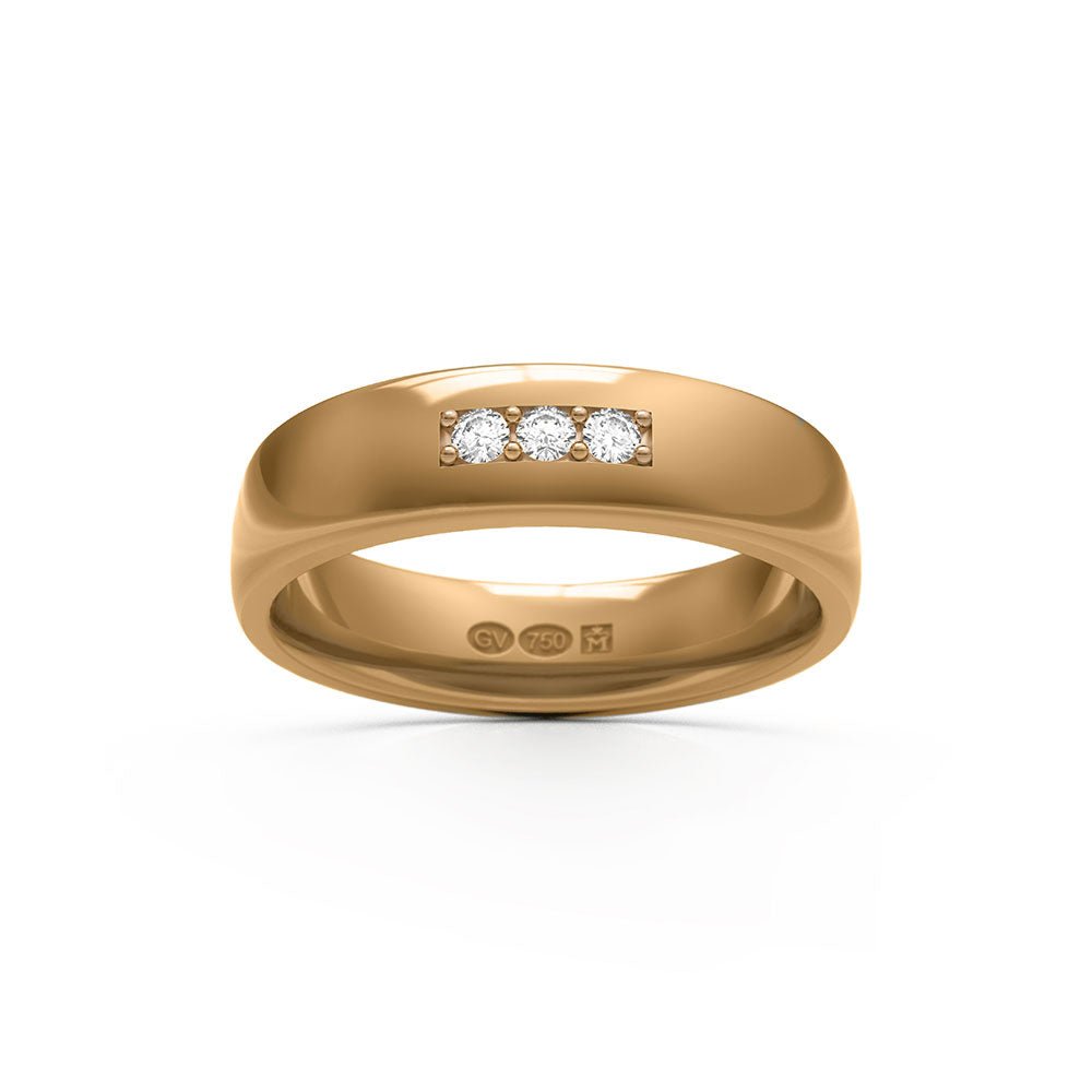 Halvrund ring 5 mm i 18k guld med tre diamanter i en rektangulär infattning