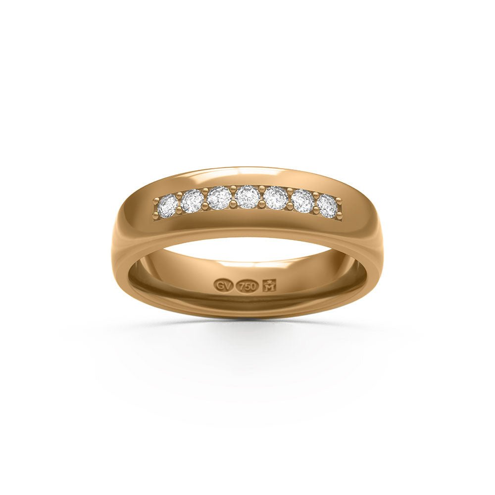 Halvrund ring 5 mm i 18k guld med sju diamanter i en rad i en rektangulär infattning