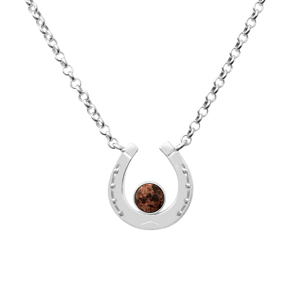 Silver hästsko halsband med brun granitsten i mitten på en 42 cm kedja.