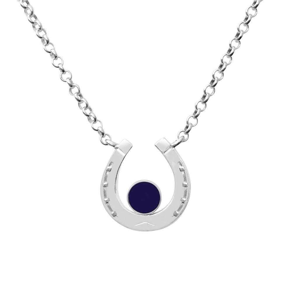 Horseshoe shaped silver pendant with a dark blue center stone on a silver chain