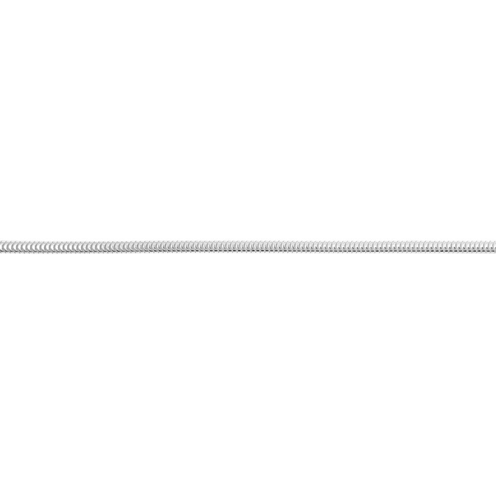 Silver snake chain necklace laid flat across a white background