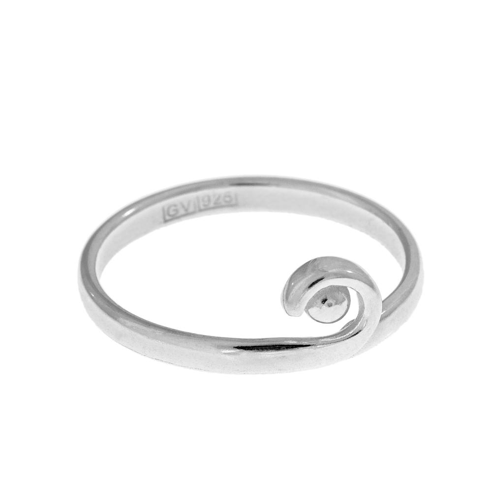 Silver KULING ring with an open spiral curling into a rounded end