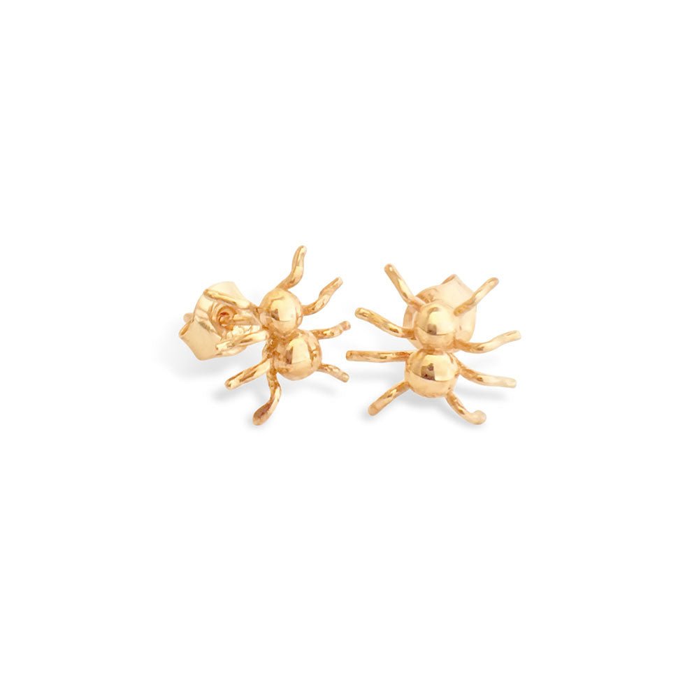 Små spindelformade örhängen i 18K guld på stift mot vit bakgrund