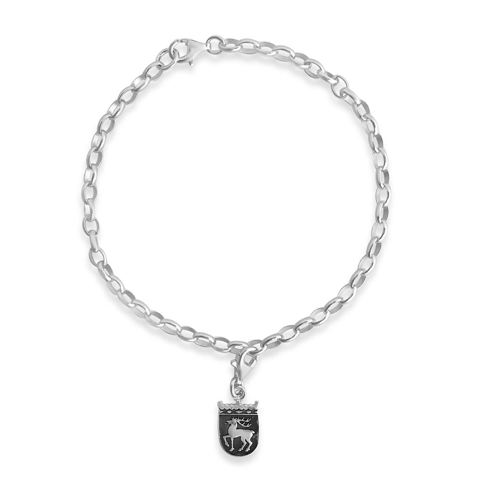ÅLANDS VAPEN berlock on a silver charm bracelet with heart and flower charms and a small shield charm
