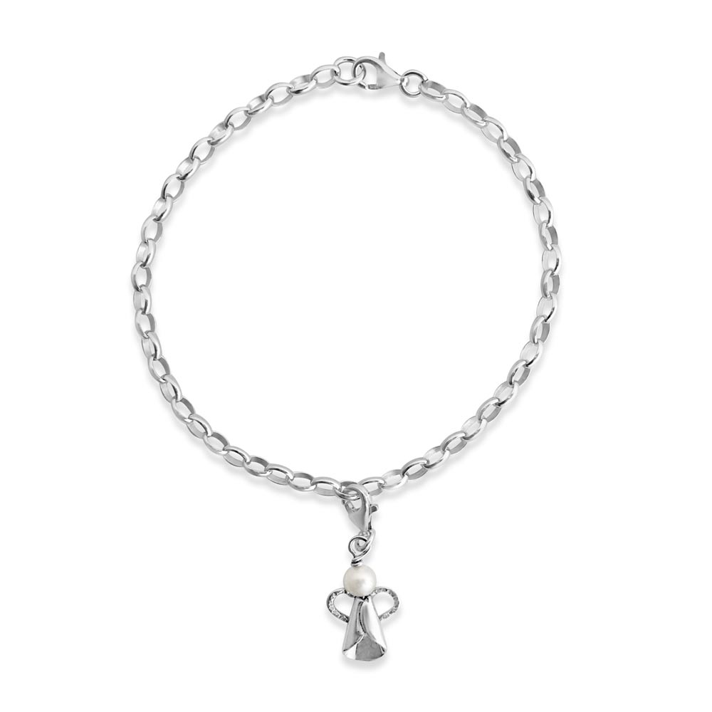 Sterling silver bracelet with a dangling angel charm and freshwater pearl