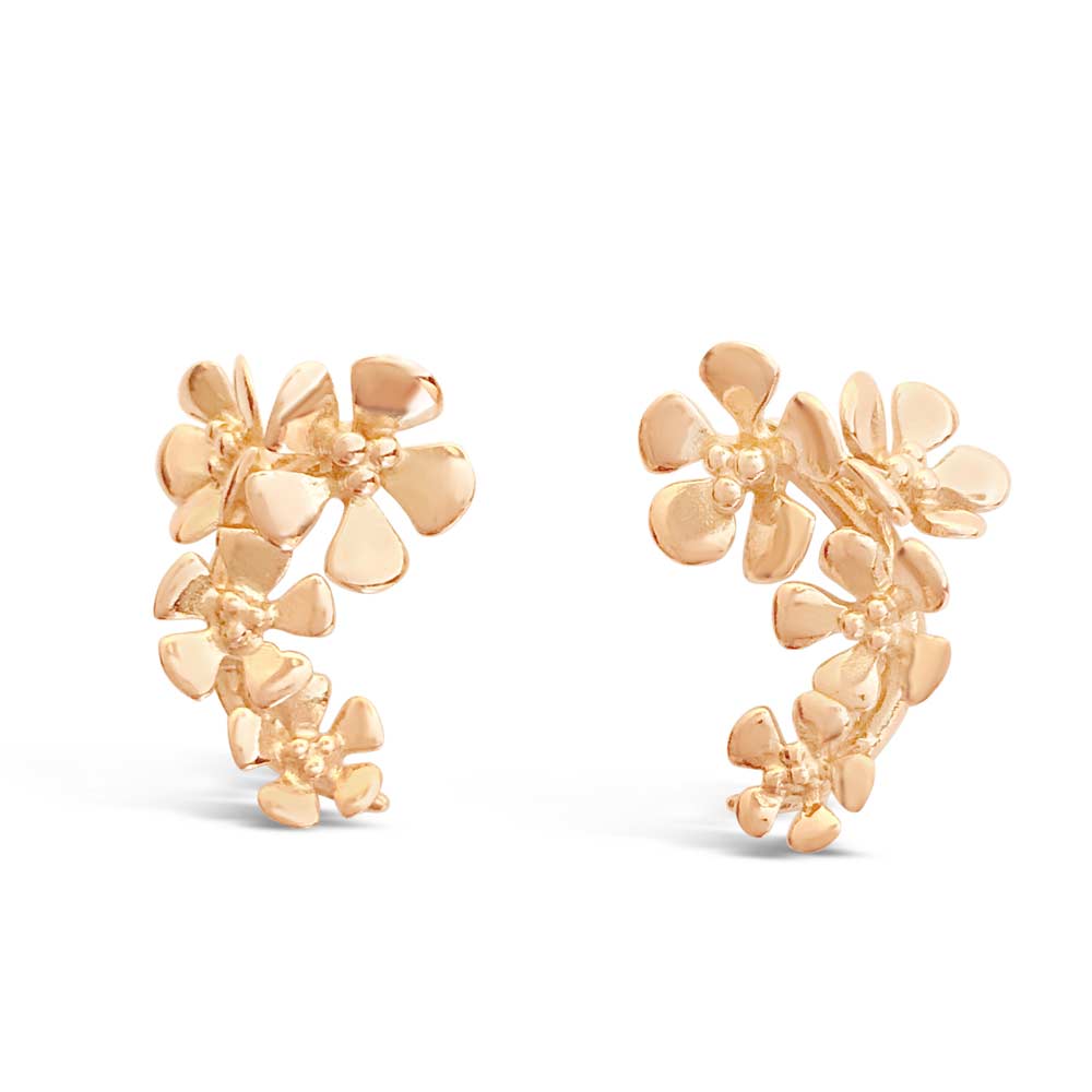Två blomformade 18K guld örhängen på stift mot vit bakgrund