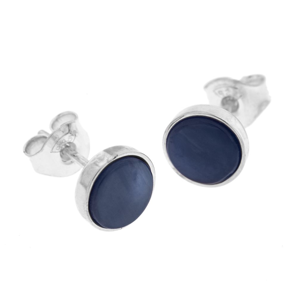 Handcrafted silver bezel blue spectrolite stud earrings