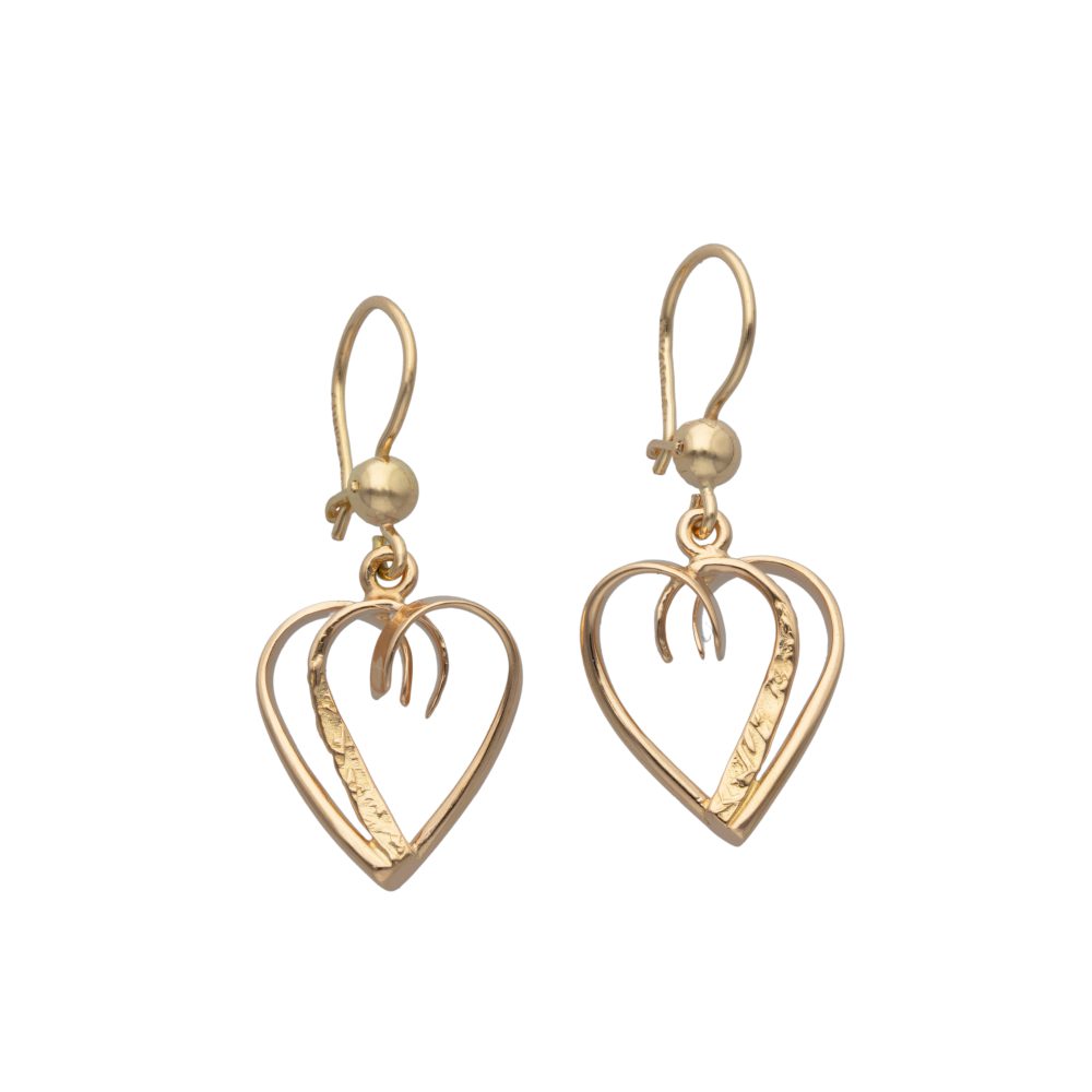 18K gold heart shaped earrings on fishhook wires with open heart design and hammered inner detail