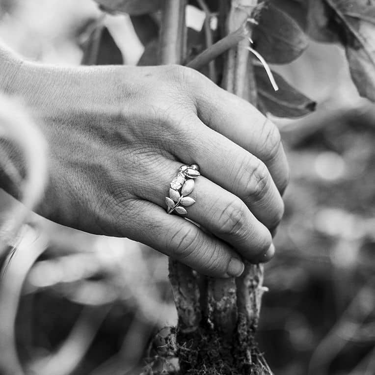Close up of a hand wearing the EVA 18K ring with a leaf motif, gripping a plant root.
