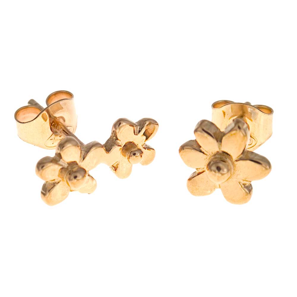 18K guld Förgätmigej örhängen ett örhänge med en blomma och det andra med två