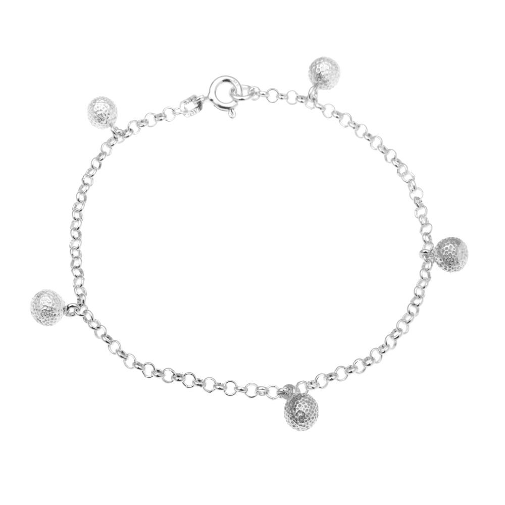 Sterling silver bracelet featuring five golf ball charms along the chain.