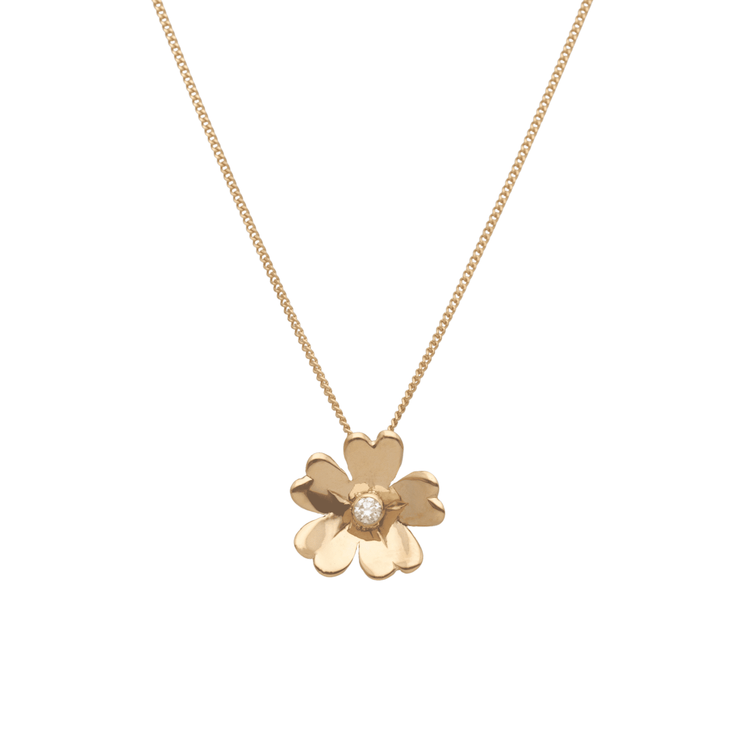 18K guld halsband med gullviva blomformad hänge och diamant i mitten