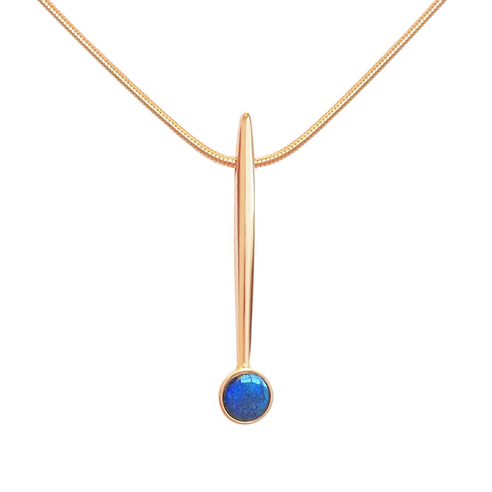 Rose gold bar pendant with a round blue spektrolite stone on a thin chain