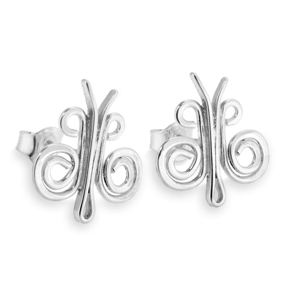 SAGA örhängen på stift i 925 sterling silver med fjärilsmotiv och spiralformade detaljer