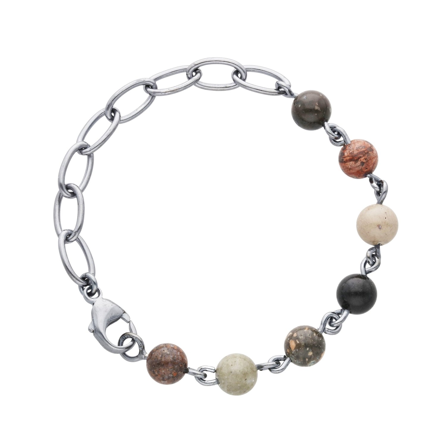 Detail of STRAND Robust armband with silver chain links and round natural stone beads.