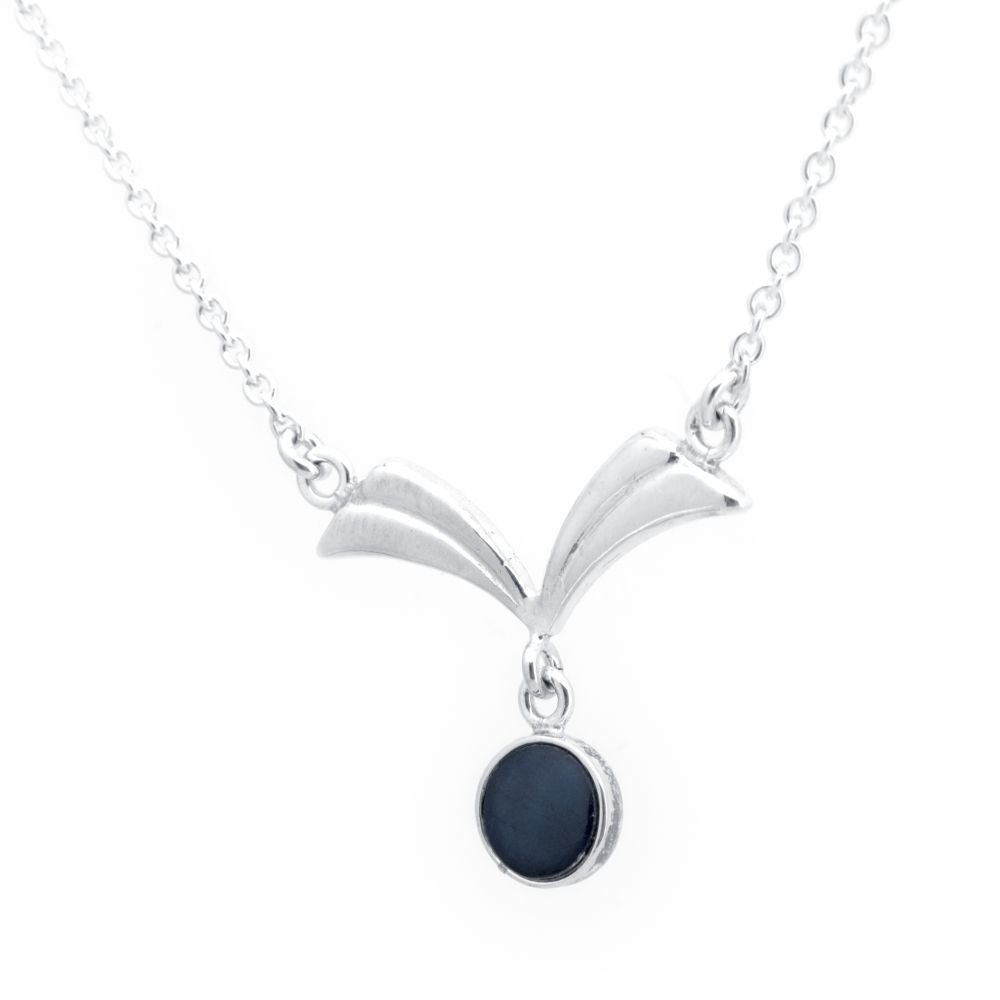 Silver winged necklace with a blue round spectrolite pendant and a chain of round silver links.
