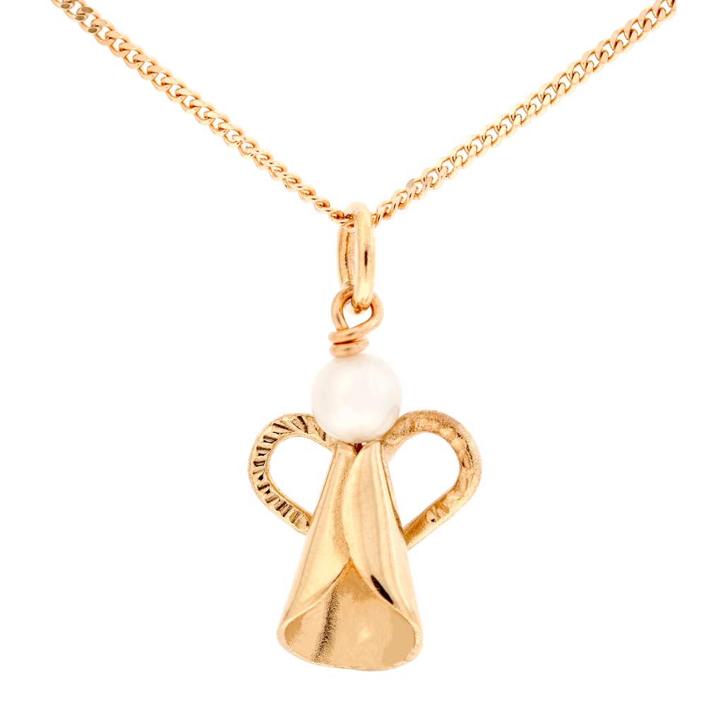 ÄNGEL 18K halsband med vit sötvattenpärla och guldängelhänge på tunn kedja