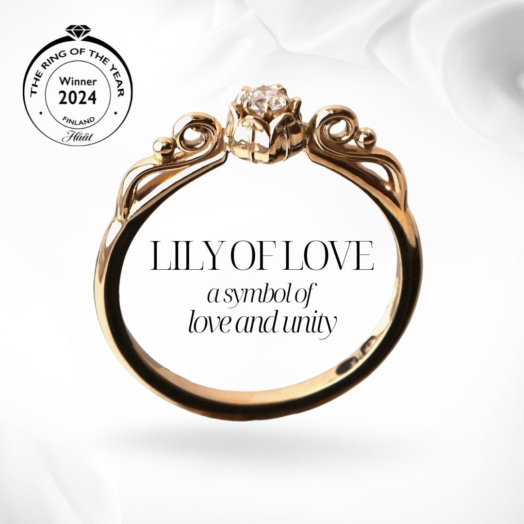 LILY OF LOVE 18K gold ring with a 0.10 ct diamond and lily leaf motif, Finland 2024 Ring of the Year winner