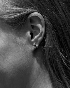 Close-up of HAVTORN 10x10 mm sterling silver ball cluster stud earrings worn on the earlobe