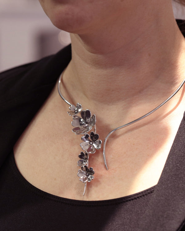 GULLVIVA collier in sterling silver with a cascading cluster of flowers worn on the neck