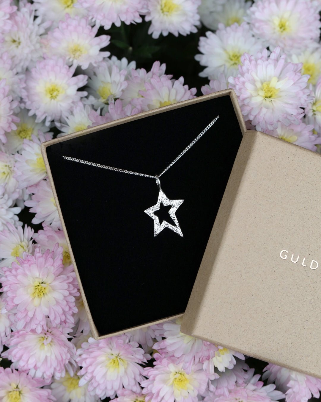 Silver STAR halsband visas i en svart presentbox mot bakgrund av rosa blommor.