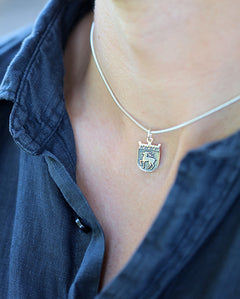 ÅLANDS VAPEN halsband i silver, buret på modell
