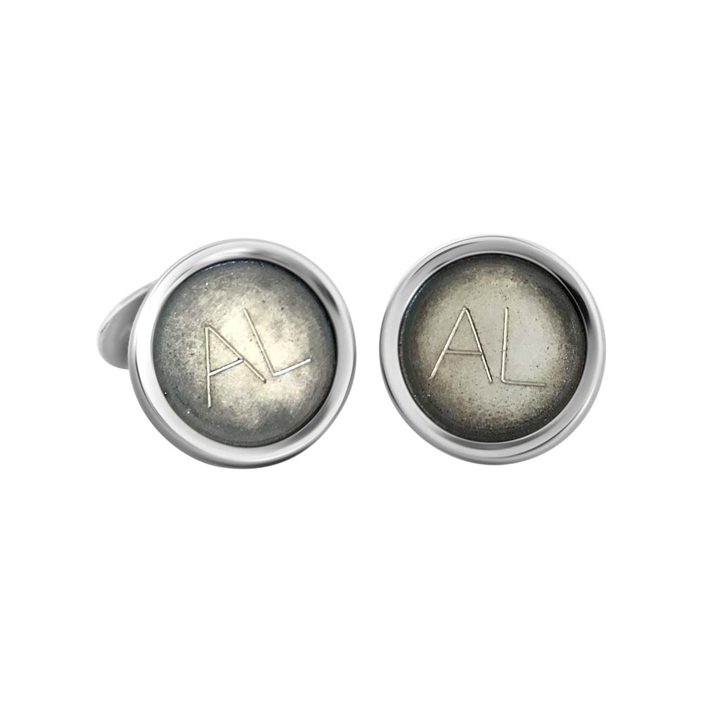 Round 925 silver cufflinks with AL initials and an antiqued finish inspired by vintage typewriter keys.