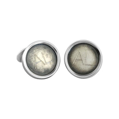 Round 925 silver cufflinks with AL initials and an antiqued finish inspired by vintage typewriter keys.