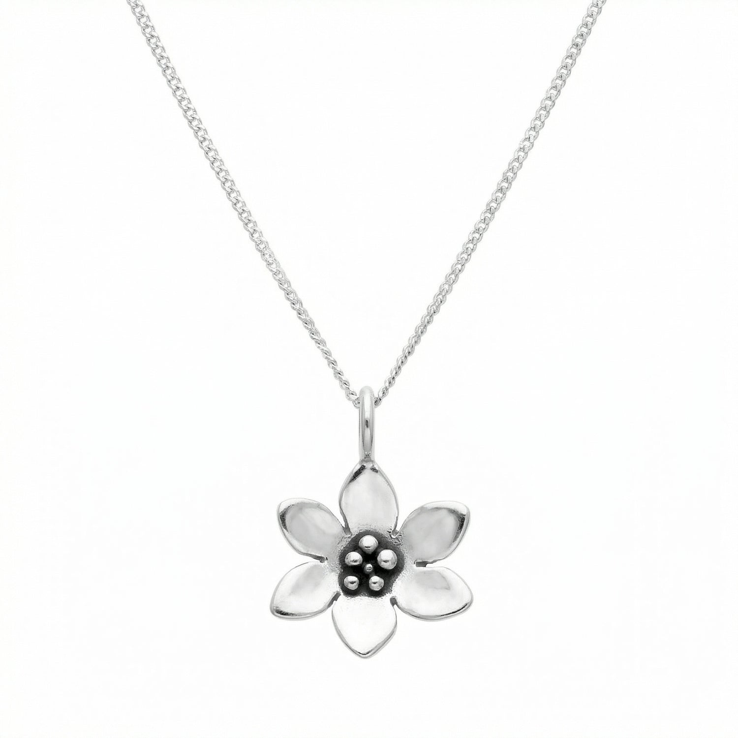 BLÅSIPPA silver necklace with a teardrop pendant and detailed chain on white background
