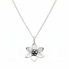 BLÅSIPPA silver necklace with a teardrop pendant and detailed chain on white background