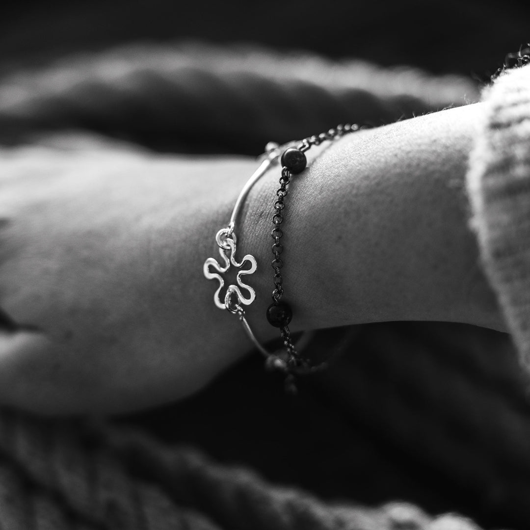 Wrist wearing BLOMMAN Duo armband in sterling silver with flower motif charms along a delicate chain
