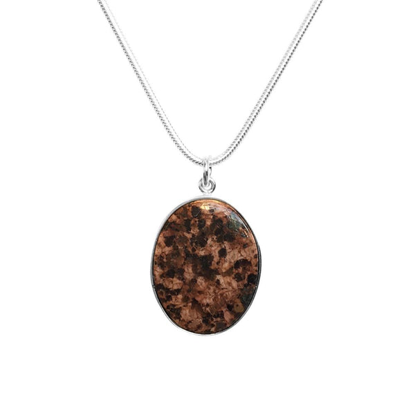 Oval red Åland granite pendant set in silver on a silver chain