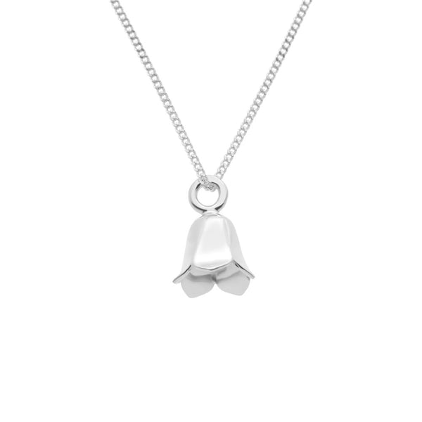 Small 17x10 mm silver bellflower pendant on a delicate chain necklace