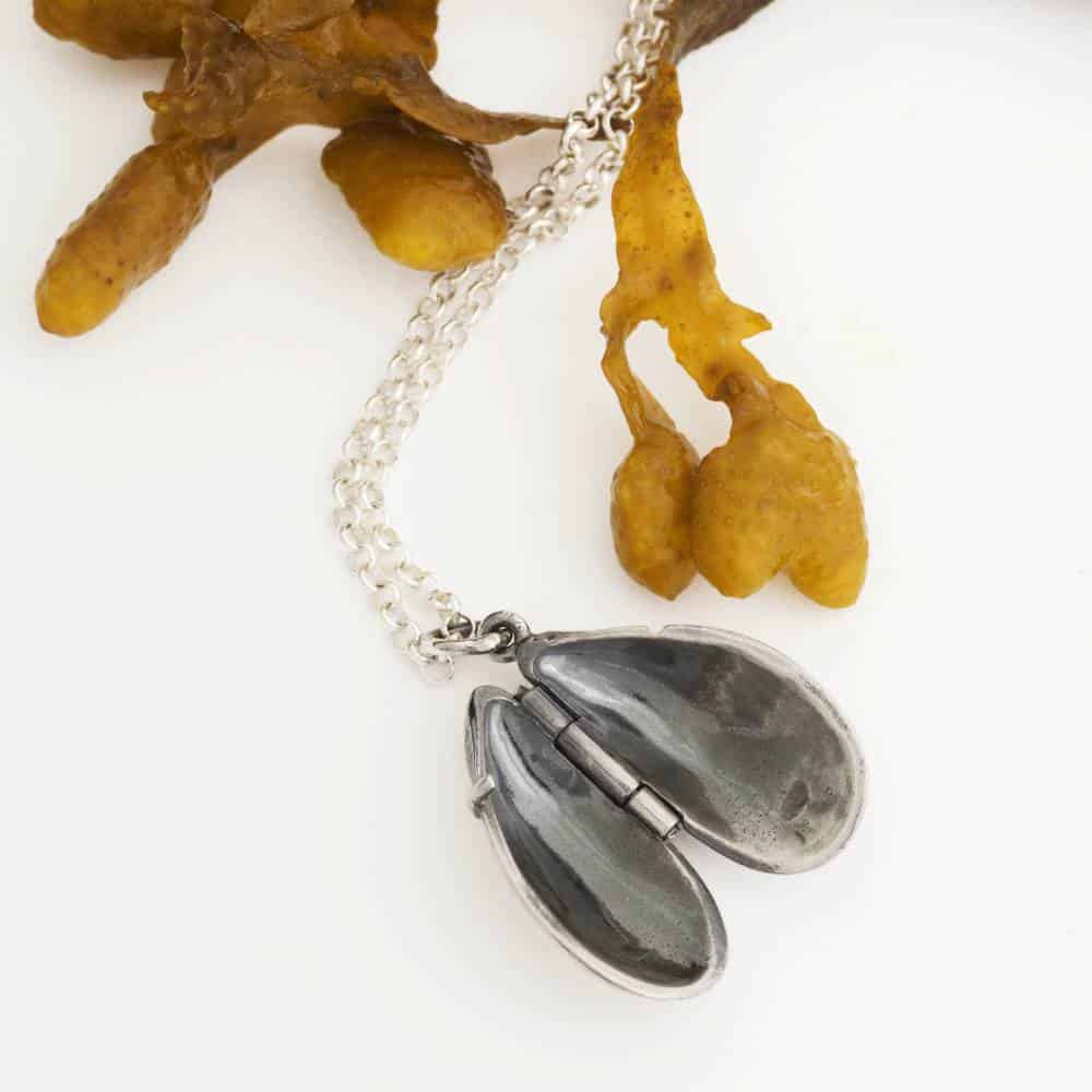Closed silver shell shaped medaljong pendant on a chain