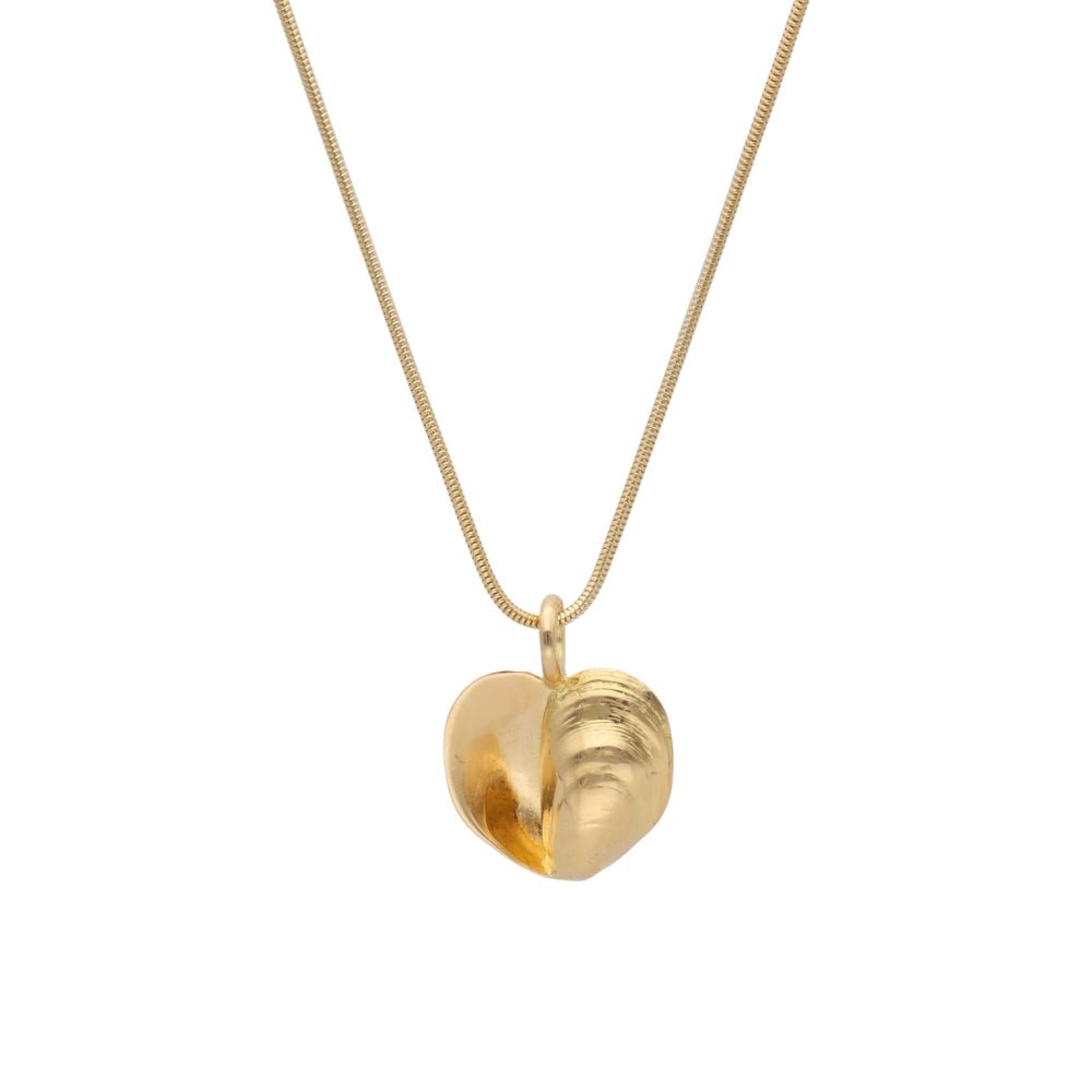 Two tone gold heart pendant with split polished and brushed halves on a delicate chain
