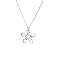 Blomman flower pendant in silver on a matching chain against a white background.