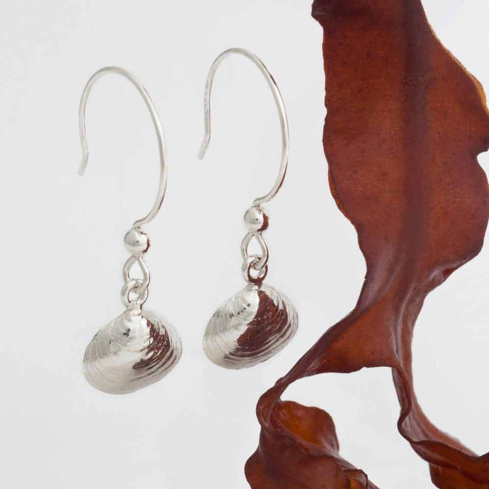 Sterling silver drop earrings on hooks with brushed shell charms