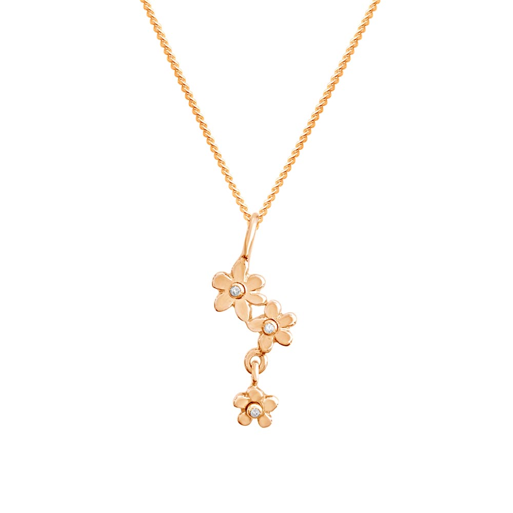 18K gold necklace with a cascading pendant of three forget me not flowers, each with a diamond center.