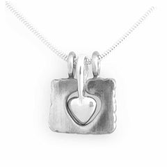 HÅLL OM MITT HJÄRTA pendant with antique brushed square frame and polished inner heart connected to a chain