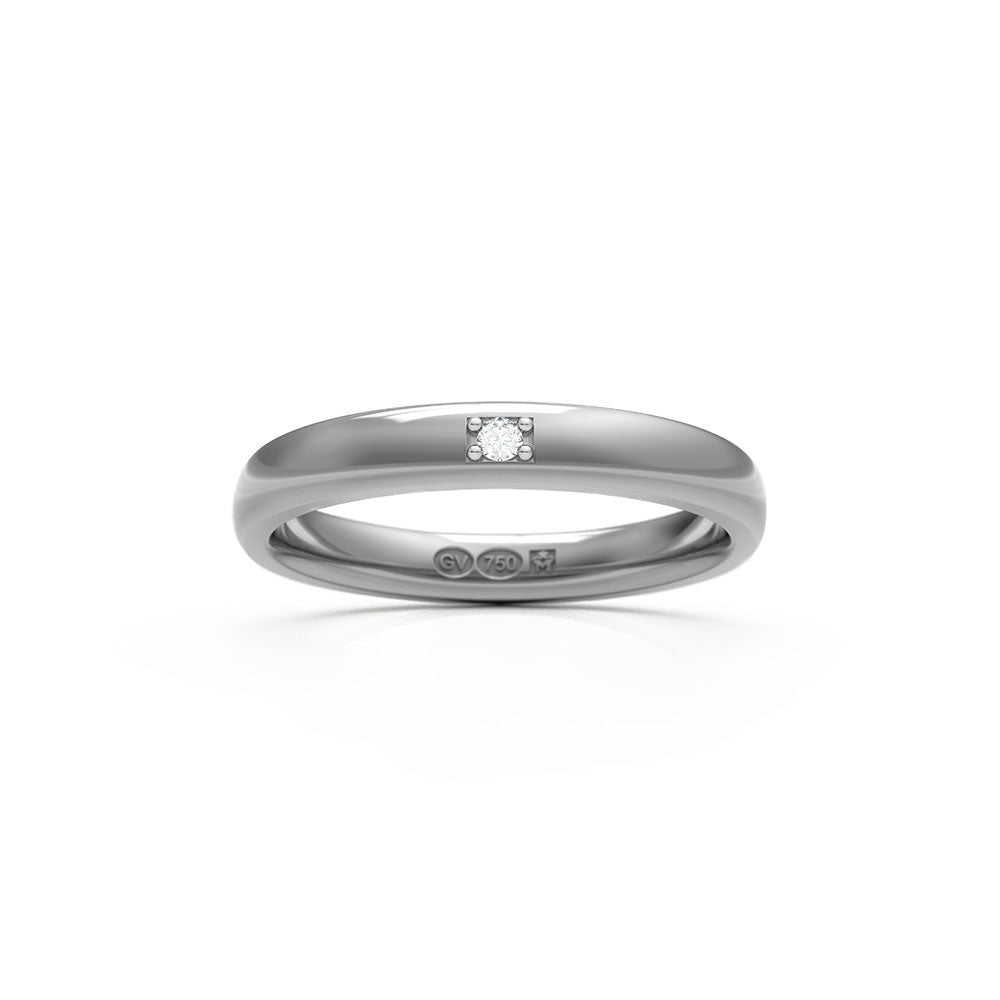 Vitguldsring 3 mm bred slät halvrund design med enstens diamant i mitten