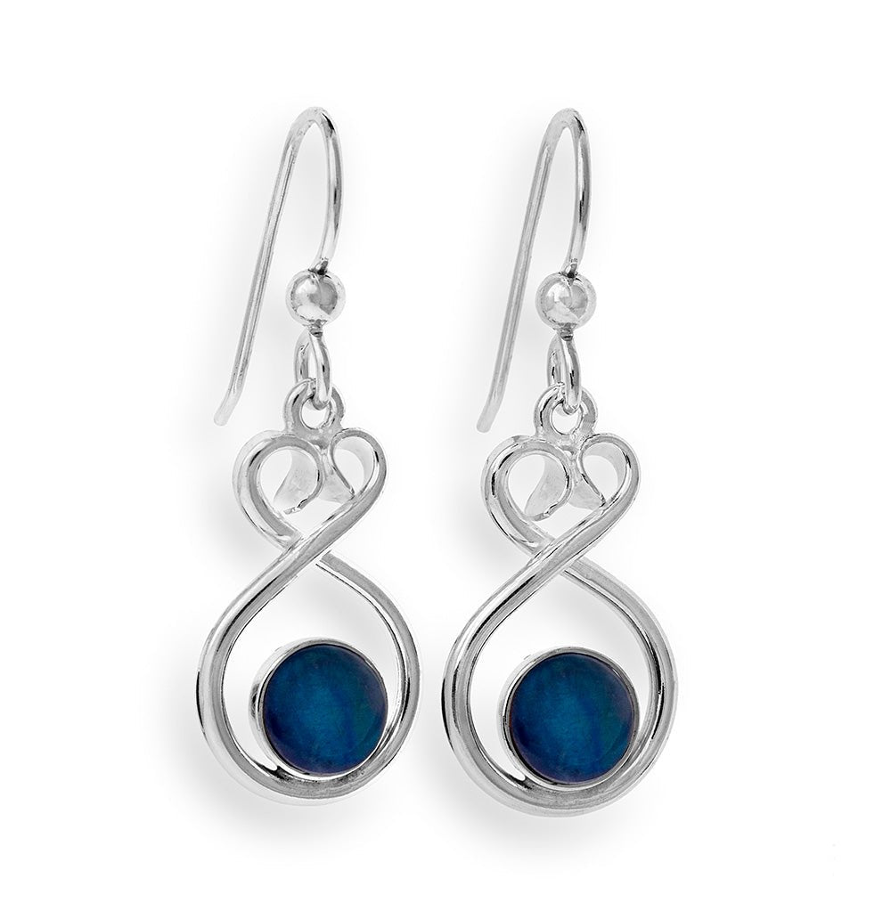 Heart of Finland silver drop earrings with a blue spectrolite gemstone in a heart shaped frame.
