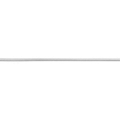 Silver snake chain necklace laid flat across a white background