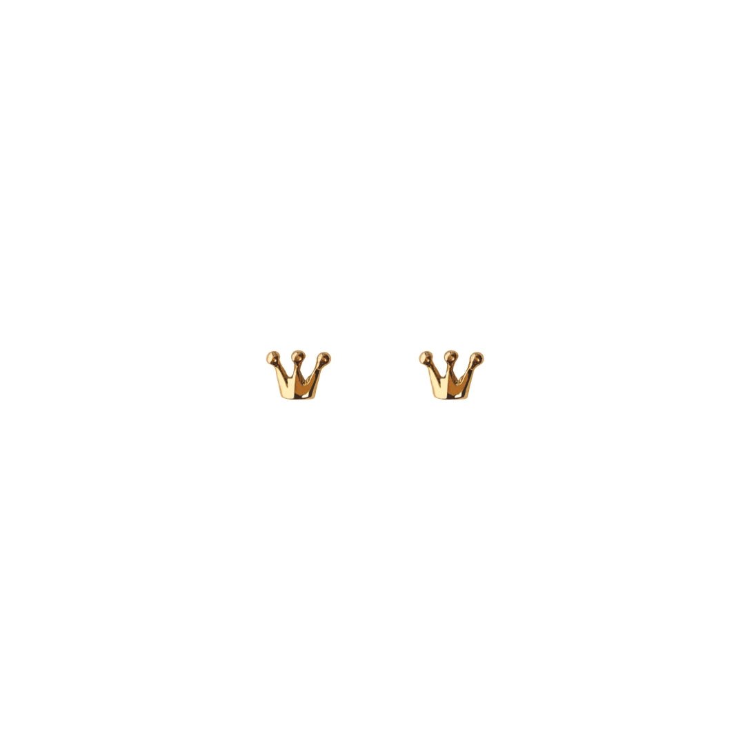 Pair of 18K gold crown stud earrings on a white background